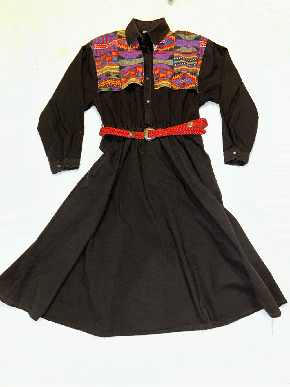VTG 80s Black Western Dress Maxi Multicolor Aztec Yoke Red Concho Belt USA SZ L